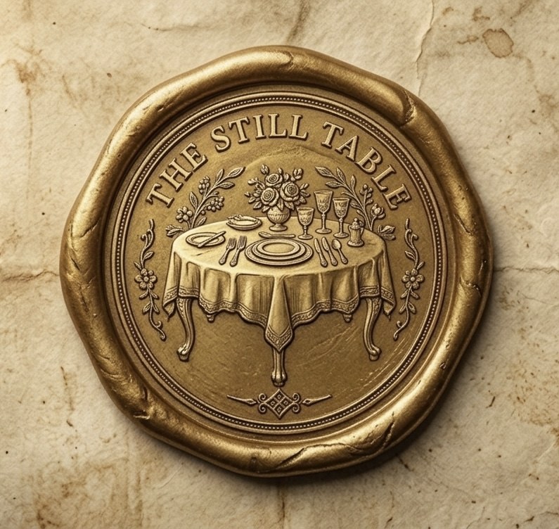 The Still Table wax seal — a set table with florals, gold on parchment
